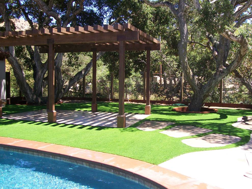 Landscaped backyard in Mariposa County with synthetic grass and shade awning