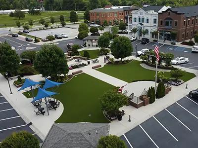Drone shot of comunity artificial grass area